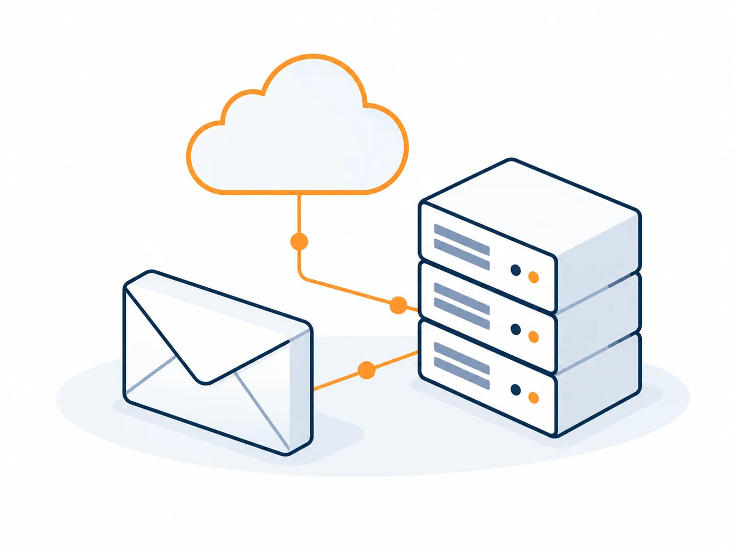 Servidores, una nube y un sobre de correo electrónico.